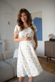 Těhotenské lněné kojící šaty Lovely Midi Dress Sage Dots