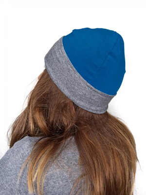 Dámská čepice bavlněná, oboustranná, tmavě šedý melír+jeans modrá