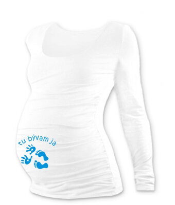 Vtipné těhotenské tričko DR bílé/modré Tu bývam ja