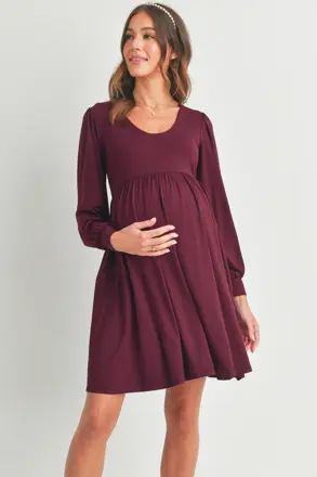 Těhotenské šaty s dlouhým rukávem a kapsami Dahlia Burgundy