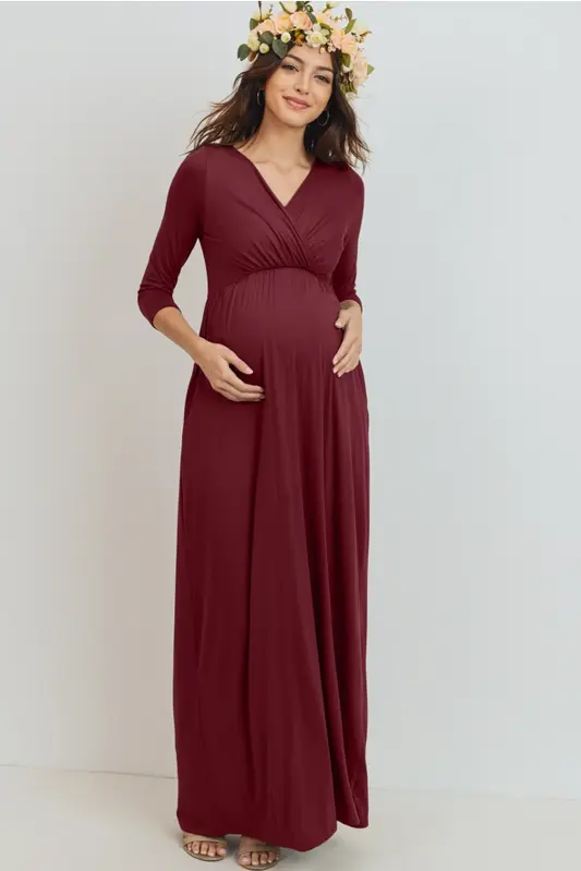 Těhotenské a kojící maxi šaty s 3/4 rukávem Natalie Burgundy