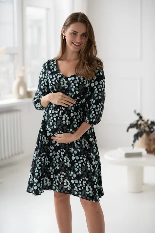 Těhotenské šaty ke kojení, 3/4 rukáv, Lovely Dress Eucalyptus Leaves