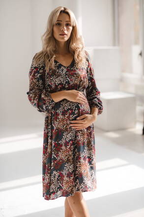 Těhotenské, kojící šaty Lovely Midi Dress Graphite print, dl.rukáv
