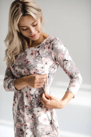 Těhotenské, kojící šaty Milky Way Dress 7/8 Gray with Flowers
