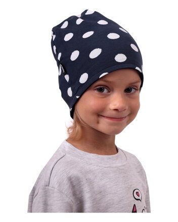 Dětská čepice bavlněná, oboustranná, černá+modrá s puntíky