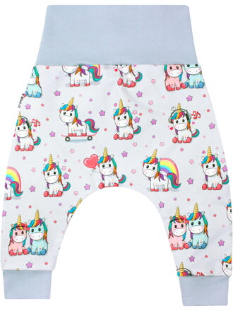 Dievčenské baggy tepláky Jednorožci na sivej