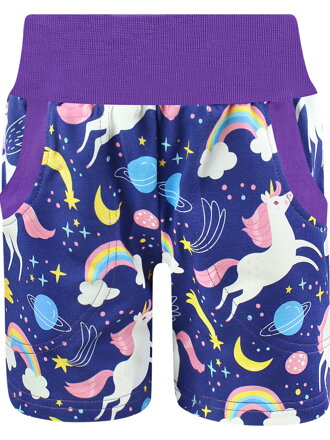 Dievčenské šortky Jednorožci - fialove (s gumou v páse)