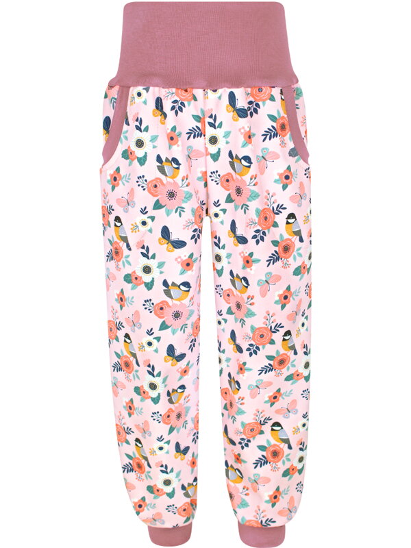 Dívčí softshellové kalhoty s fleecem, Ptáci s květinami