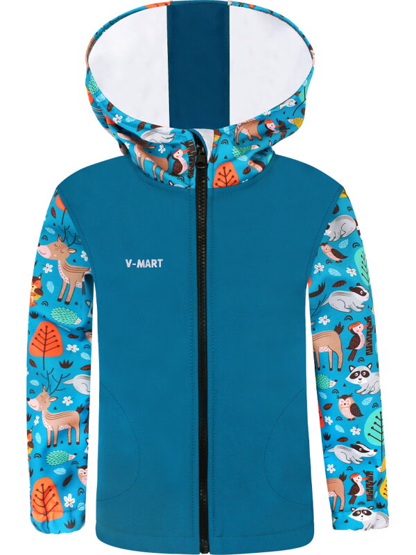 Detská softshellová bunda Zvieratká na petrolejovom podklade